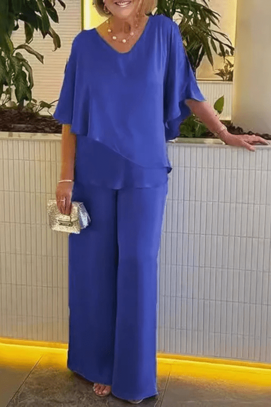 Women's Solid Cobalt Blue Loungewear Set | Relaxed Batwing Top and Wide Leg Trousers - Velshara store