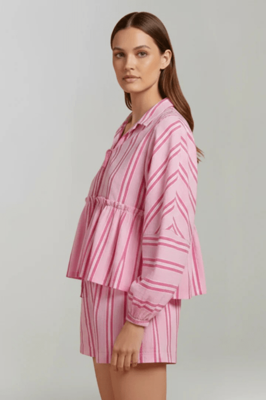 Women's Striped Cotton Peplum Shirt and Shorts Set | Relaxed Fit Summer Outfit - Velshara store