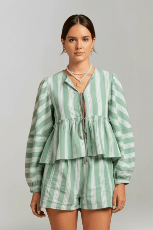 Women's Striped Cotton Peplum Shirt and Shorts Set | Relaxed Fit Summer Outfit - Velshara store