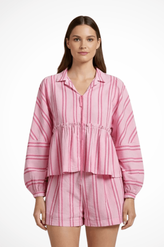 Women's Striped Cotton Peplum Shirt and Shorts Set | Relaxed Fit Summer Outfit - Velshara store