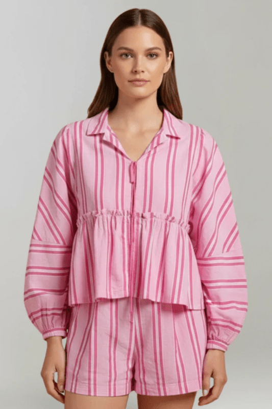 Women's Striped Cotton Peplum Shirt and Shorts Set | Relaxed Fit Summer Outfit - Velshara store