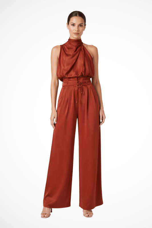 Women's Structured Cotton Halter Neck Crop Top | Elegant Tailored Wide Leg Trousers - Velshara store