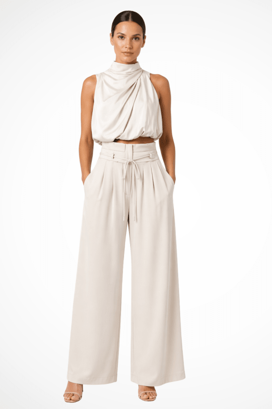 Women's Structured Cotton Halter Neck Crop Top | Elegant Tailored Wide Leg Trousers - Velshara store
