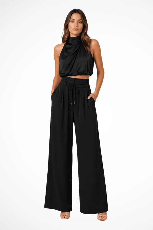 Women's Structured Cotton Halter Neck Crop Top | Elegant Tailored Wide Leg Trousers - Velshara store