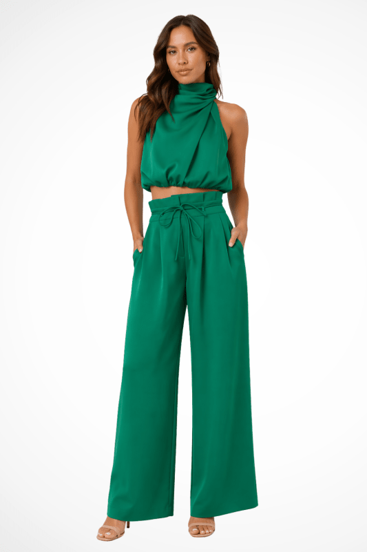 Women's Structured Cotton Halter Neck Crop Top | Elegant Tailored Wide Leg Trousers - Velshara store