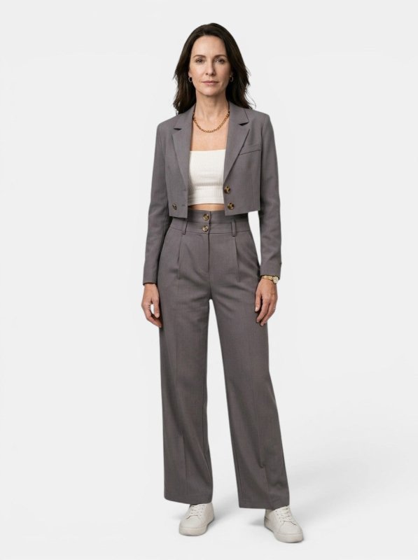 Women's Structured Pant Suit | Tailored Cropped Blazer and High Waist Wide Leg Trousers - Velshara store