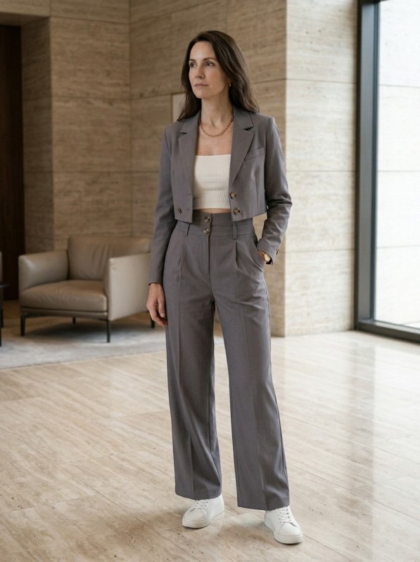 Women's Structured Pant Suit | Tailored Cropped Blazer and High Waist Wide Leg Trousers - Velshara store