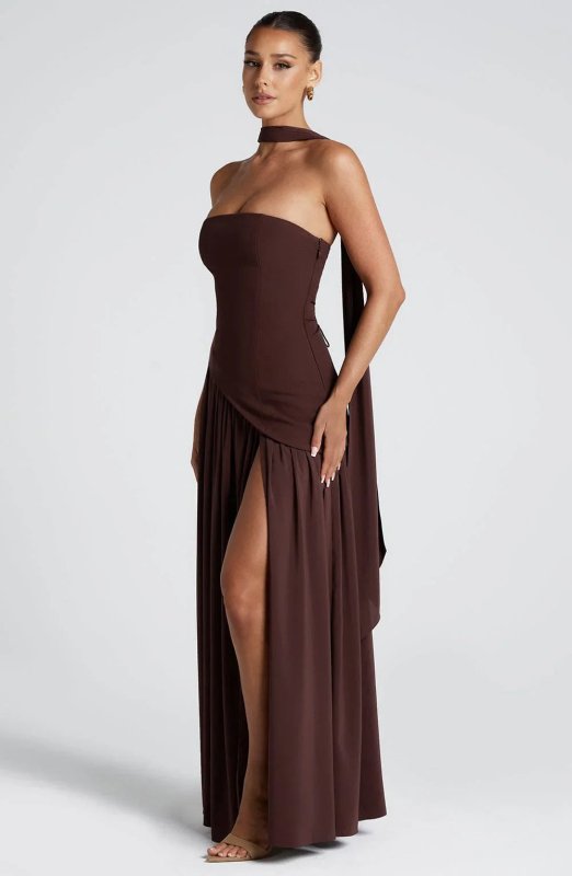 Women's Structured Polyester Cocktail Dress | Elegant Strapless High Slit Design - Velshara store