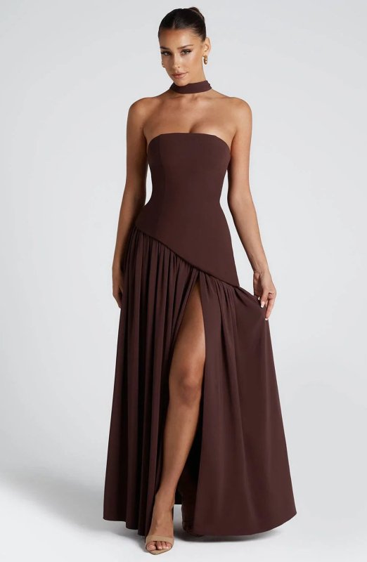 Women's Structured Polyester Cocktail Dress | Elegant Strapless High Slit Design - Velshara store