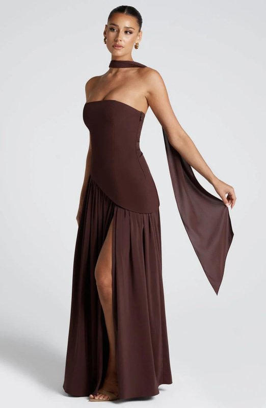 Women's Structured Polyester Cocktail Dress | Elegant Strapless High Slit Design - Velshara store