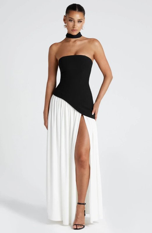 Women's Structured Polyester Cocktail Dress | Elegant Strapless High Slit Design - Velshara store
