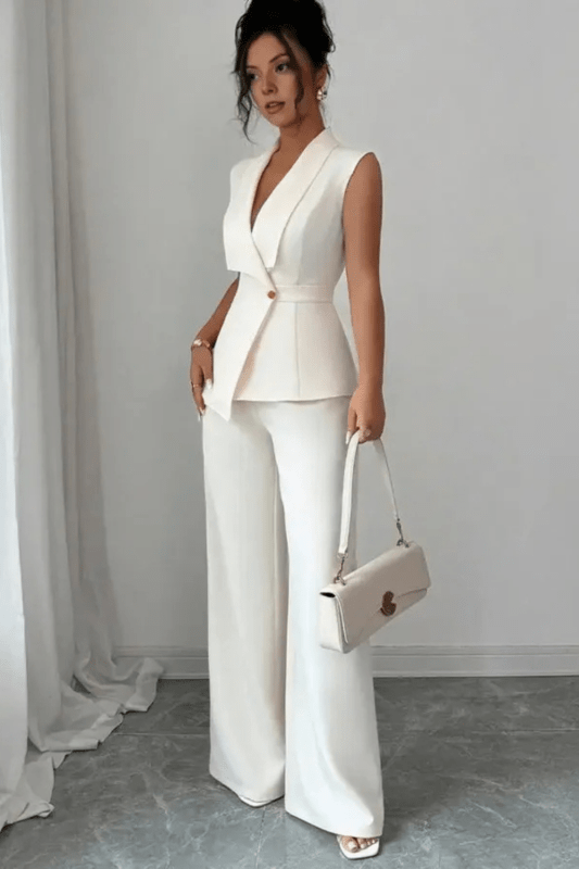 Women's Tailored Blazer Suit Set | Sleek Sleeveless Design with Wide Leg Trousers - Velshara store