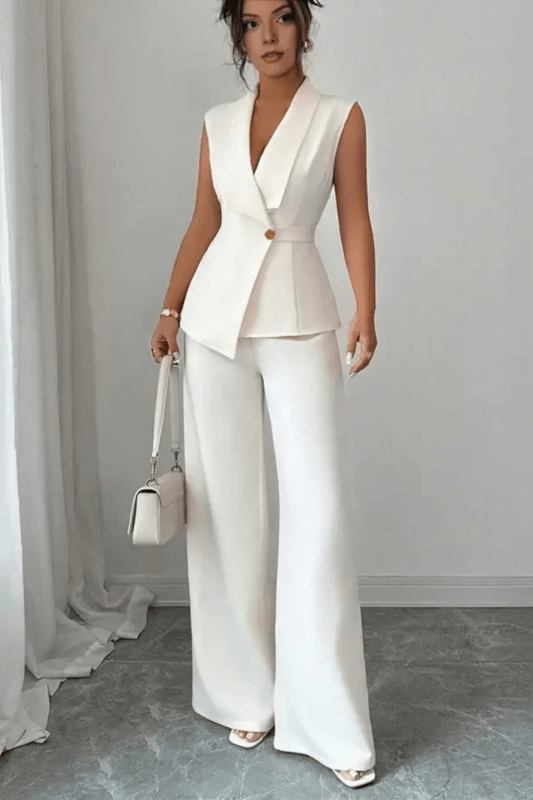 Women's Tailored Blazer Suit Set | Sleek Sleeveless Design with Wide Leg Trousers - Velshara store