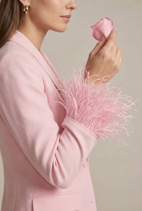 Women's Tailored Blazer with Feather Cuffs | Elegant Straight Leg Trousers | Sophisticated All - Season Outfit - Velshara store