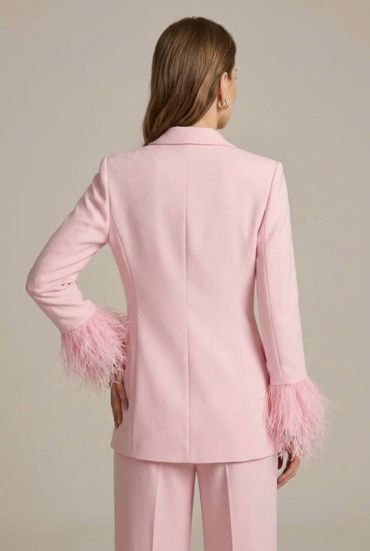 Women's Tailored Blazer with Feather Cuffs | Elegant Straight Leg Trousers | Sophisticated All - Season Outfit - Velshara store
