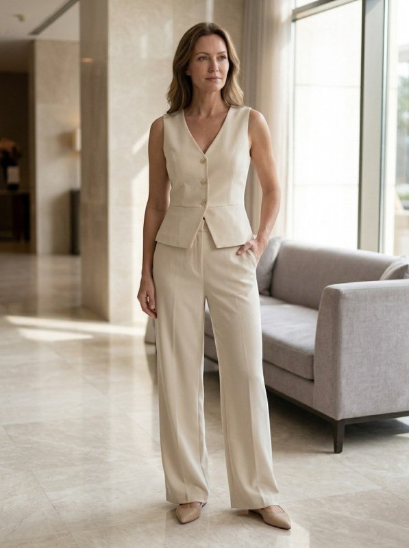 Women's Tailored Viscose Wide Leg Trouser Coord | Elegant V - Neck Waistcoat Set - Velshara store