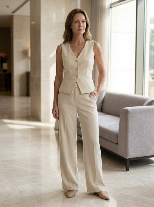 Women's Tailored Viscose Wide Leg Trouser Coord | Elegant V - Neck Waistcoat Set - Velshara store