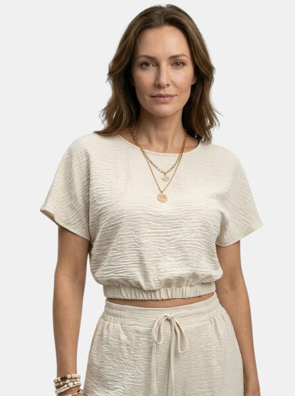 Women's Textured Cotton Loungewear Set | Relaxed Crop Top and Wide Leg Trousers - Velshara store