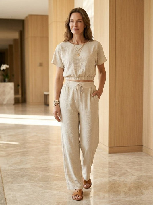 Women's Textured Cotton Loungewear Set | Relaxed Crop Top and Wide Leg Trousers - Velshara store
