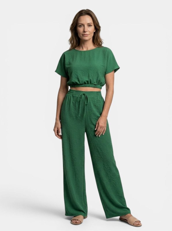 Women's Textured Cotton Loungewear Set | Relaxed Crop Top and Wide Leg Trousers - Velshara store