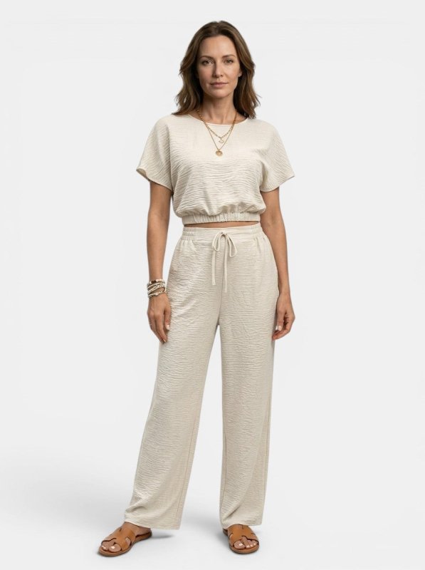 Women's Textured Cotton Loungewear Set | Relaxed Crop Top and Wide Leg Trousers - Velshara store