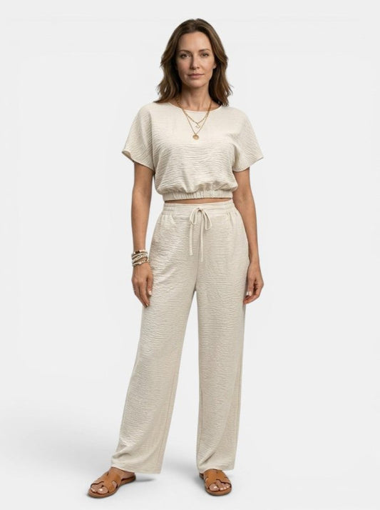 Women's Textured Cotton Loungewear Set | Relaxed Crop Top and Wide Leg Trousers - Velshara store