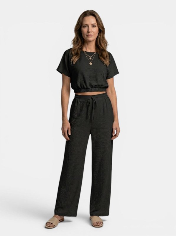 Women's Textured Cotton Loungewear Set | Relaxed Crop Top and Wide Leg Trousers - Velshara store