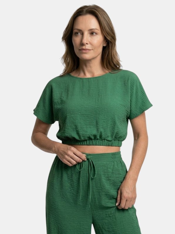 Women's Textured Cotton Loungewear Set | Relaxed Crop Top and Wide Leg Trousers - Velshara store
