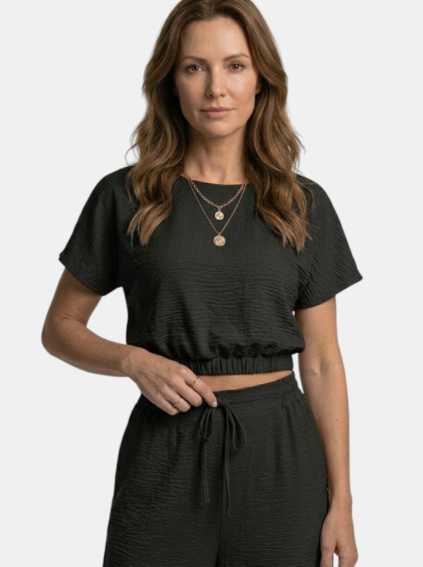 Women's Textured Cotton Loungewear Set | Relaxed Crop Top and Wide Leg Trousers - Velshara store
