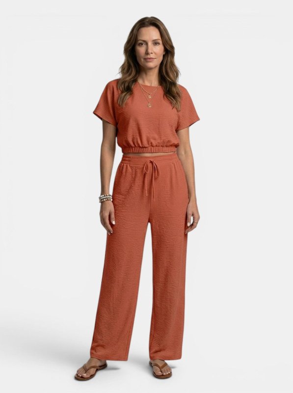 Women's Textured Cotton Loungewear Set | Relaxed Crop Top and Wide Leg Trousers - Velshara store
