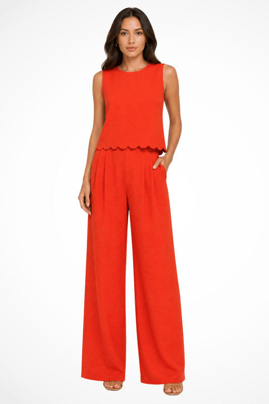 Women's Textured Fabric Wide Leg Trouser Coord | Stylish Scallop Hem Sleeveless Top - Velshara store
