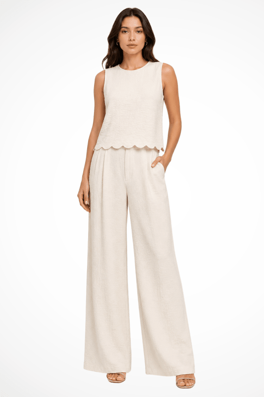 Women's Textured Fabric Wide Leg Trouser Coord | Stylish Scallop Hem Sleeveless Top - Velshara store