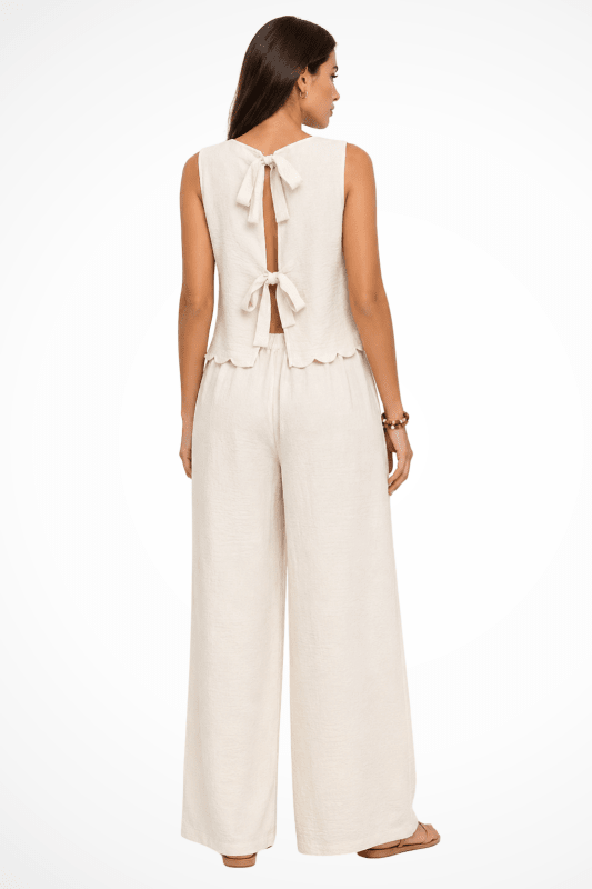 Women's Textured Fabric Wide Leg Trouser Coord | Stylish Scallop Hem Sleeveless Top - Velshara store