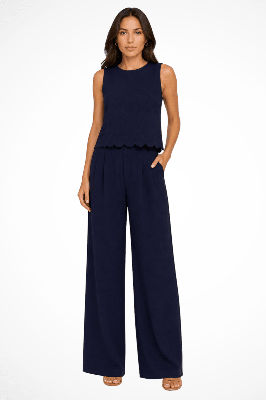 Women's Textured Fabric Wide Leg Trouser Coord | Stylish Scallop Hem Sleeveless Top - Velshara store