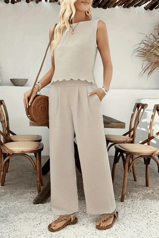 Women's Textured Fabric Wide Leg Trouser Coord | Stylish Scallop Hem Sleeveless Top - Velshara store