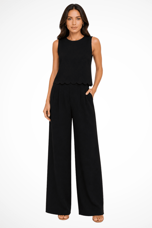 Women's Textured Fabric Wide Leg Trouser Coord | Stylish Scallop Hem Sleeveless Top - Velshara store