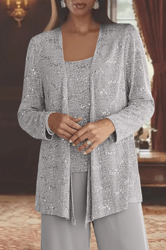 Women's Textured Lace Sequin Suit | Elegant Wide Leg Trousers for Formal Events - Velshara store
