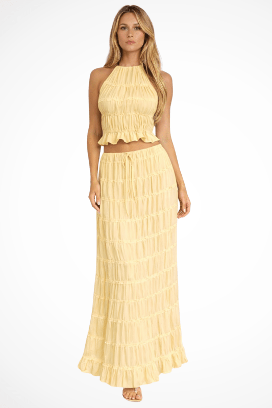 Women's Textured Ruched Maxi Skirt Set | Stylish Halter Top Two Piece Summer Outfit - Velshara store