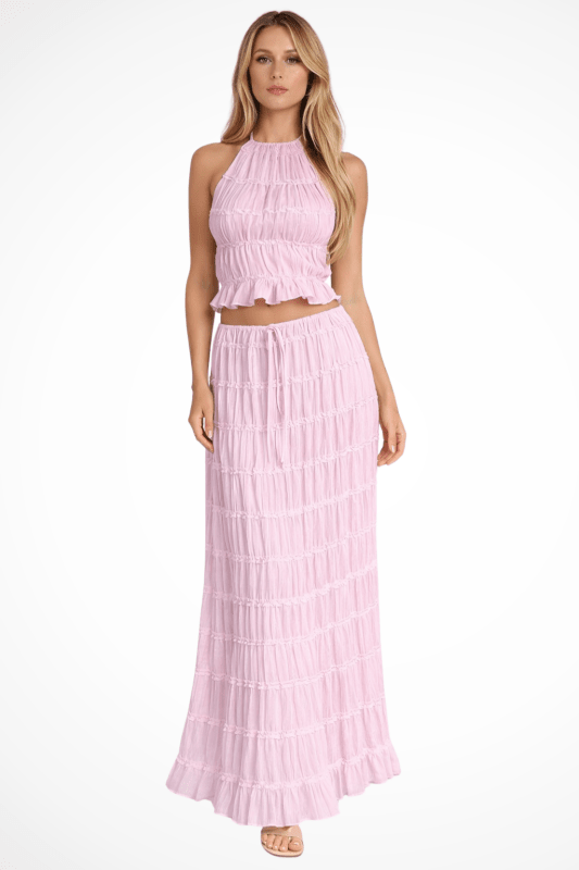 Women's Textured Ruched Maxi Skirt Set | Stylish Halter Top Two Piece Summer Outfit - Velshara store