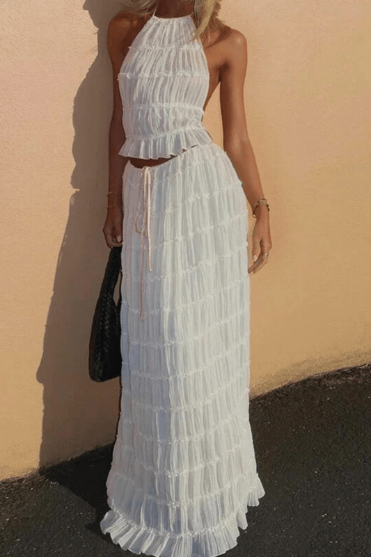 Women's Textured Ruched Maxi Skirt Set | Stylish Halter Top Two Piece Summer Outfit - Velshara store