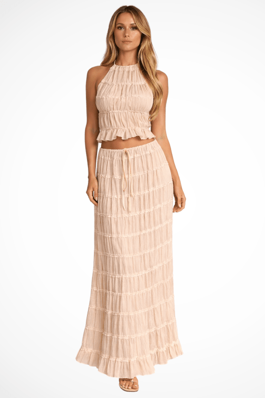 Women's Textured Ruched Maxi Skirt Set | Stylish Halter Top Two Piece Summer Outfit - Velshara store