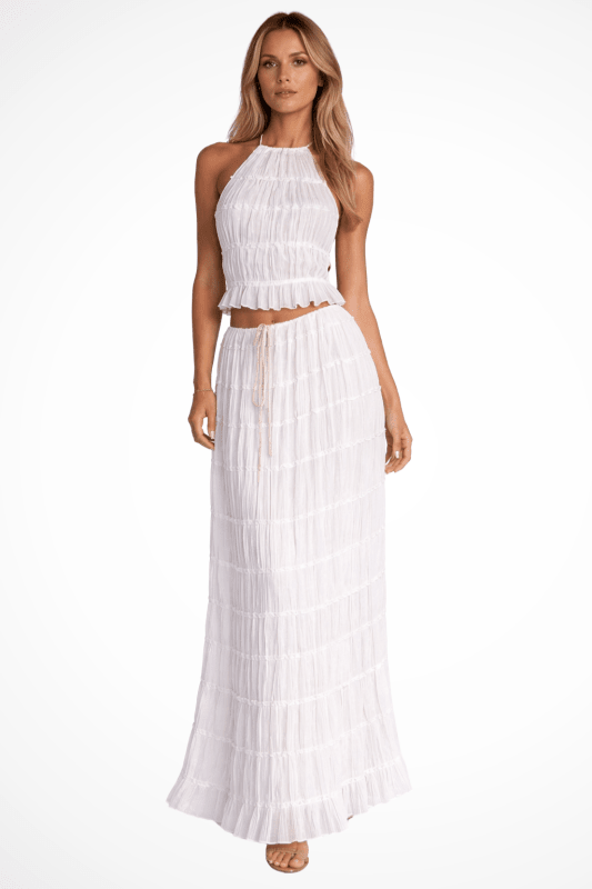 Women's Textured Ruched Maxi Skirt Set | Stylish Halter Top Two Piece Summer Outfit - Velshara store