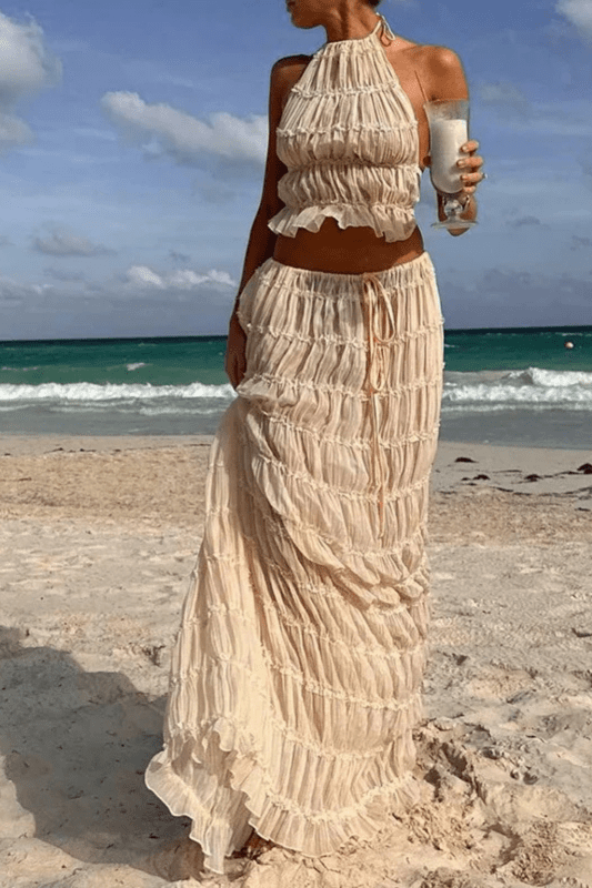 Women's Textured Ruched Maxi Skirt Set | Stylish Halter Top Two Piece Summer Outfit - Velshara store