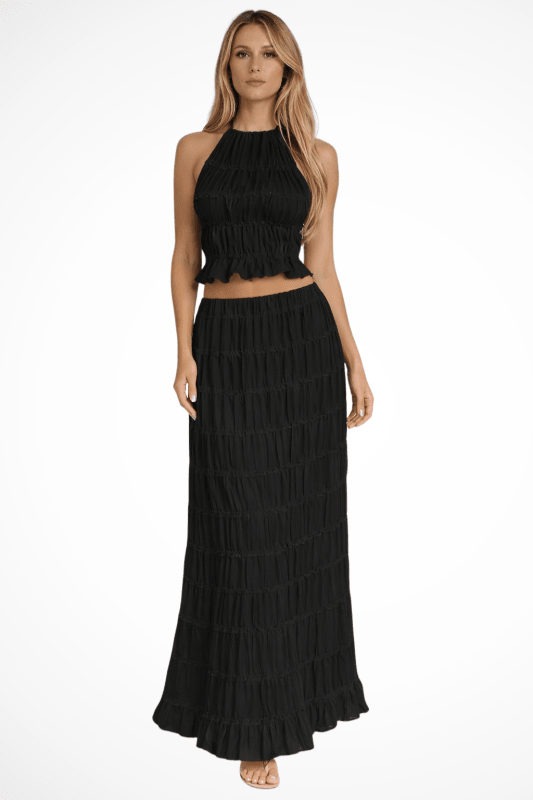 Women's Textured Ruched Maxi Skirt Set | Stylish Halter Top Two Piece Summer Outfit - Velshara store