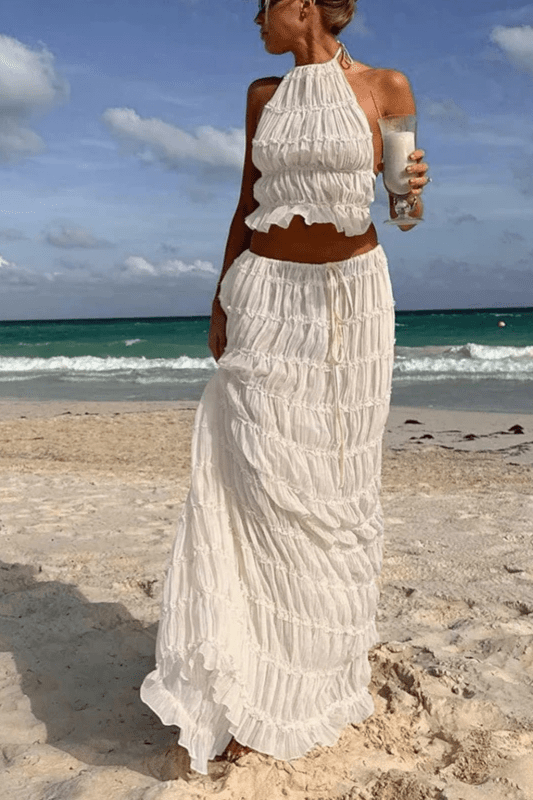 Women's Textured Ruched Maxi Skirt Set | Stylish Halter Top Two Piece Summer Outfit - Velshara store