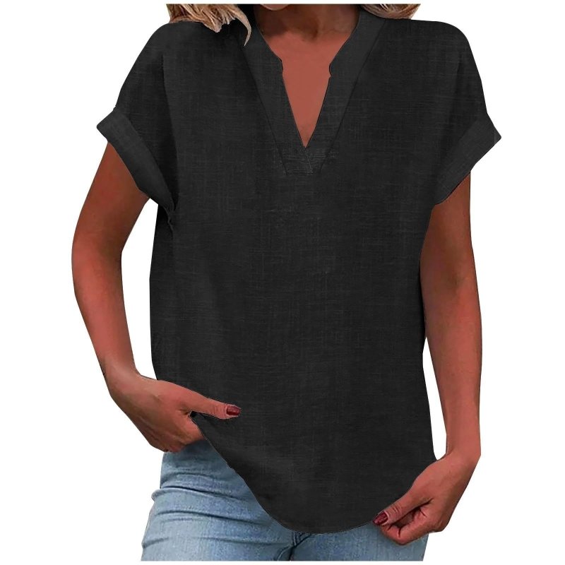 Women's Textured V - Neck Blouse | Relaxed Fit Short Sleeve Summer Top - Velshara store