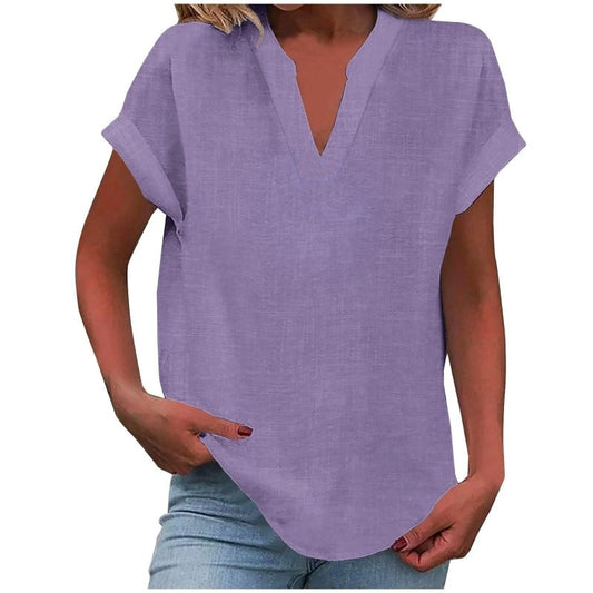 Women's Textured V - Neck Blouse | Relaxed Fit Short Sleeve Summer Top - Velshara store