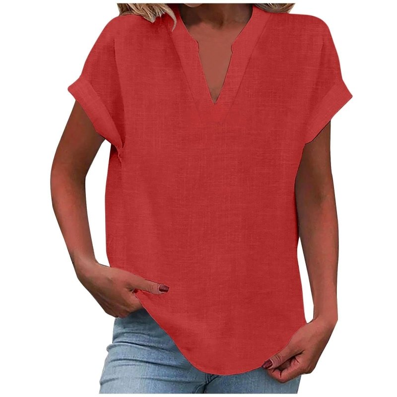 Women's Textured V - Neck Blouse | Relaxed Fit Short Sleeve Summer Top - Velshara store