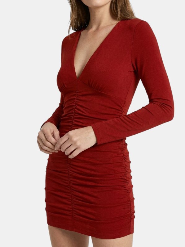 Women's Trendy PU Leather Mini Dress | Elegant Long Sleeve Deep V - Neck Bodycon Dress - Velshara store