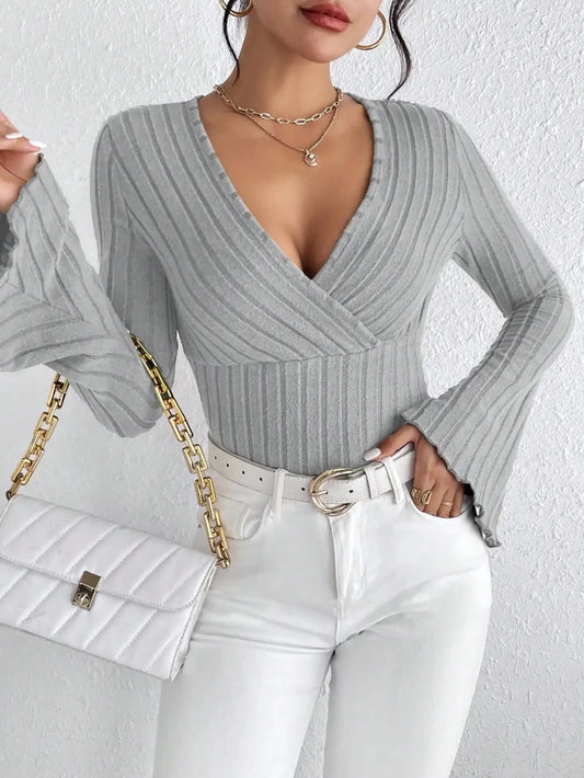 Women’s V - Neck Long Sleeve Knit Top – Solid Color - Velshara store
